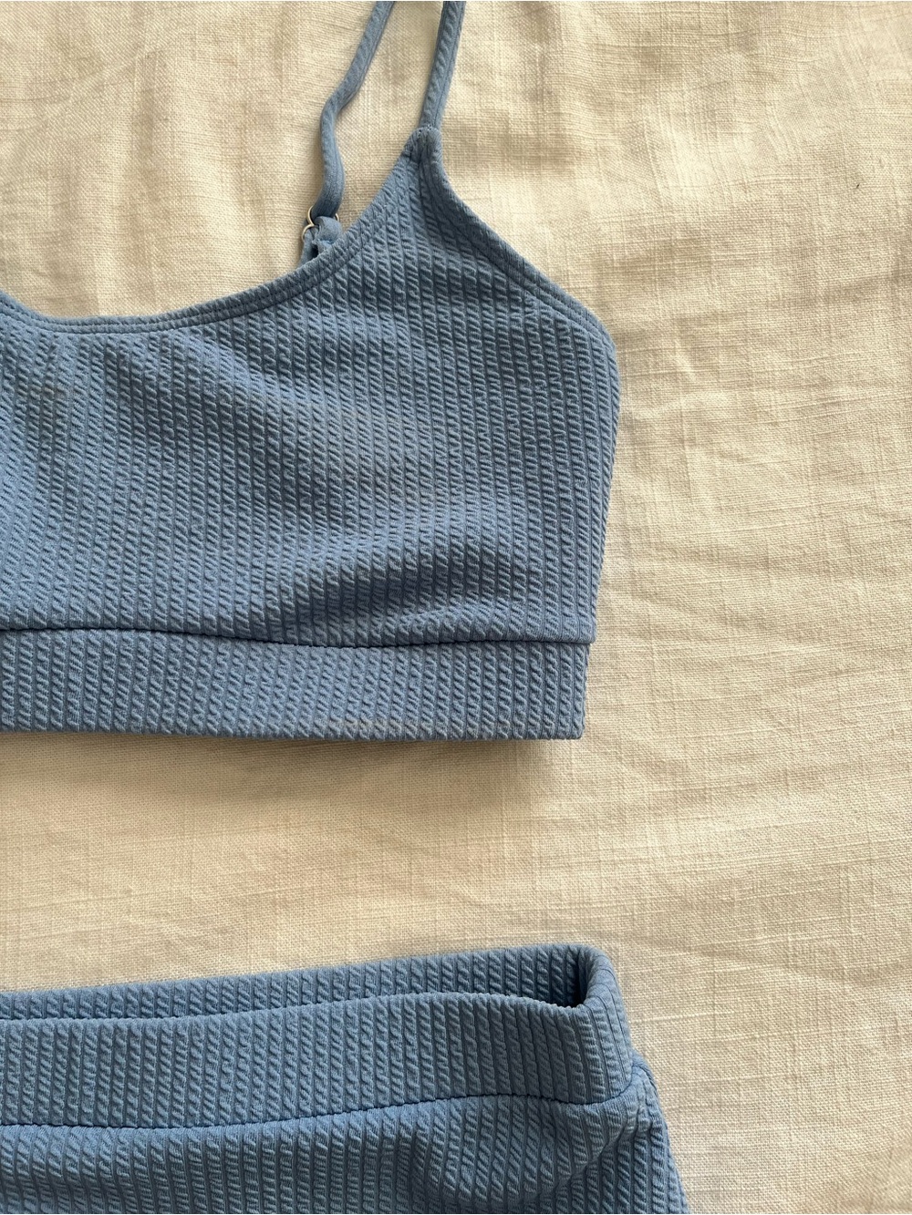 High Waisted Tummy Control Blue Ribbed Bikini Swimsuit Set - Picture 3 of 8